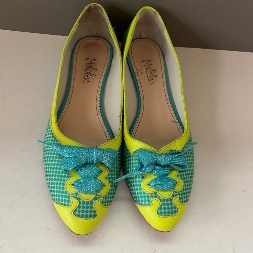 Maloles Anthropologie Yellow & Turquoise w/Lace-Up detail Flats Size 39‎
